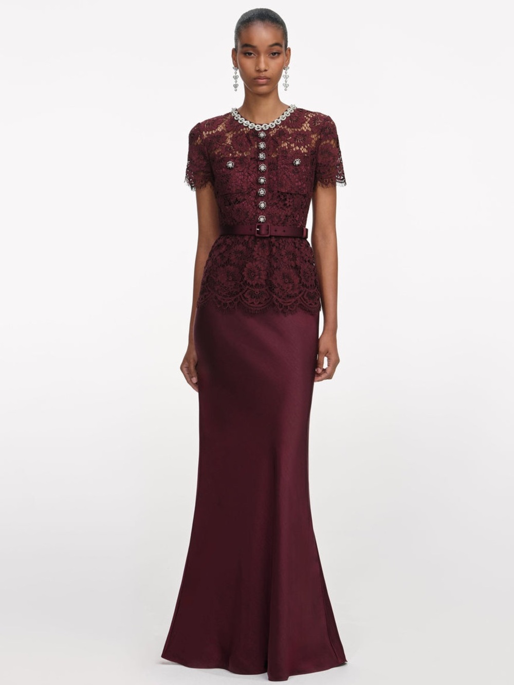 SELF-PORTRAIT BURGUNDY LACE SATIN MAXI DRESS, NEW